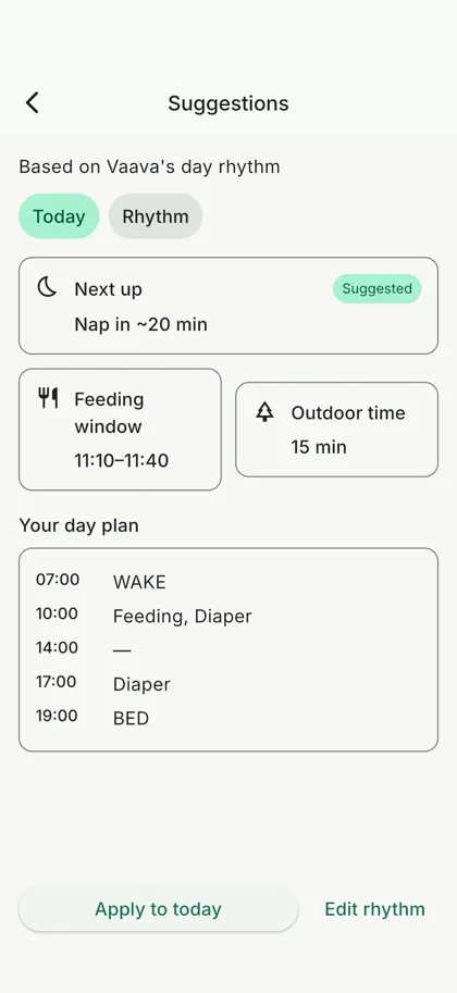 Vaava build my day suggestions screen