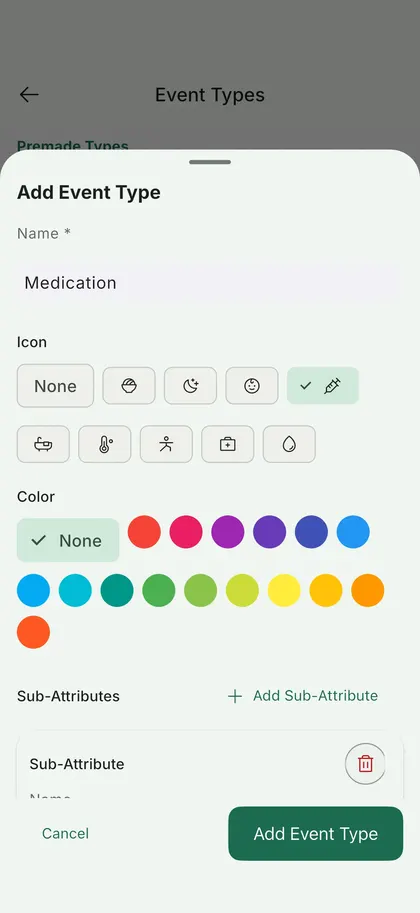 Vaava custom event type picker showing editable event categories